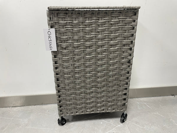CHICSTASH 53L Slim Handwoven Rattan Laundry Hamper with Lid Rolling Laundry Basket with Removable Liner Bags Foldable Hampers with Wheels（Grey）