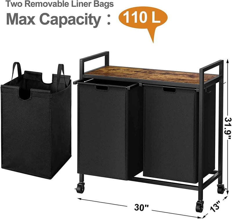 CHICSTASH Double Laundry Hamper with Lid,Rolling Laundry Basket Organizer with Wheels, Iron-Made Laundry Sorter with Top Shelf and 2 Removable Bags,Large Capacity Laundry Storage for Room,Black