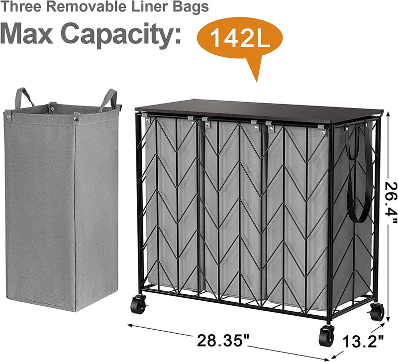 CHICSTASH Laundry Basket with Wheels, 142L Laundry Hamper 3 Section with Lid, Dirty Clothes Hamper with Removable Liner Bags, Large Capacity Iron-Made Laundry Basket Organizer Laundry Sorter for Dorm Room, Grey