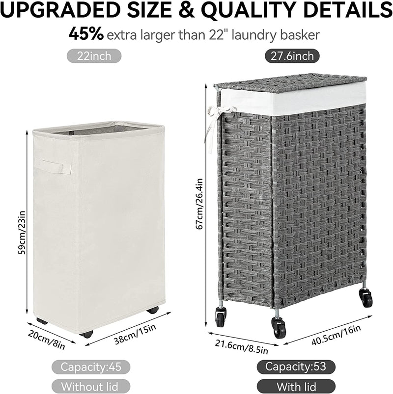 CHICSTASH 53L Slim Handwoven Rattan Laundry Hamper with Lid Rolling Laundry Basket with Removable Liner Bags Foldable Hampers with Wheels（Grey）