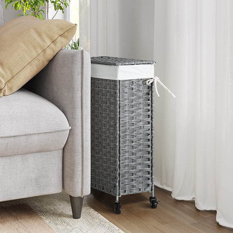 CHICSTASH 53L Slim Handwoven Rattan Laundry Hamper with Lid Rolling Laundry Basket with Removable Liner Bags Foldable Hampers with Wheels（Grey）
