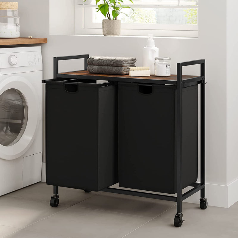 CHICSTASH Double Laundry Hamper with Lid,Rolling Laundry Basket Organizer with Wheels, Iron-Made Laundry Sorter with Top Shelf and 2 Removable Bags,Large Capacity Laundry Storage for Room,Black