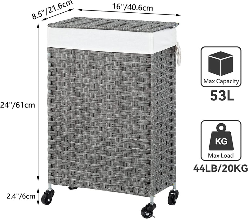 CHICSTASH 53L Slim Handwoven Rattan Laundry Hamper with Lid Rolling Laundry Basket with Removable Liner Bags Foldable Hampers with Wheels（Grey）