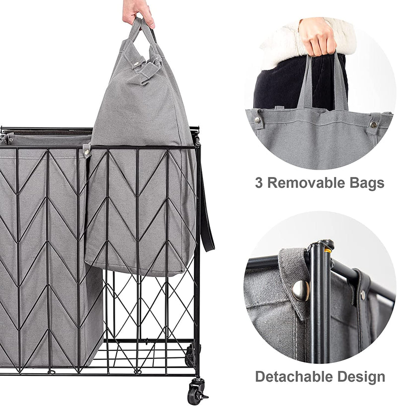CHICSTASH Laundry Basket with Wheels, 142L Laundry Hamper 3 Section with Lid, Dirty Clothes Hamper with Removable Liner Bags, Large Capacity Iron-Made Laundry Basket Organizer Laundry Sorter for Dorm Room, Grey