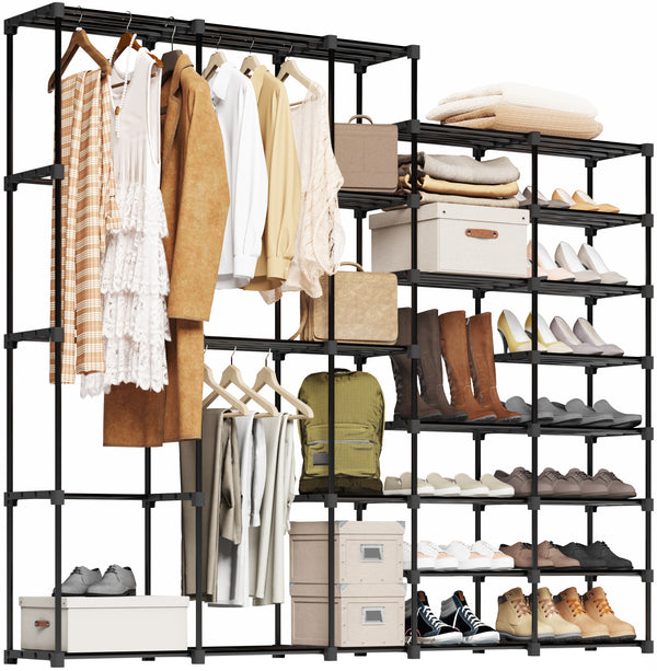 UNITSTAGE Portable Closet Wardrobe with Shoe Rack Freestanding Portable Closets Rack for Hanging Clothes 77.4x11.8x66 Inches for Bedroom Living Room with Plastic Connectors Rubber Hammer Black