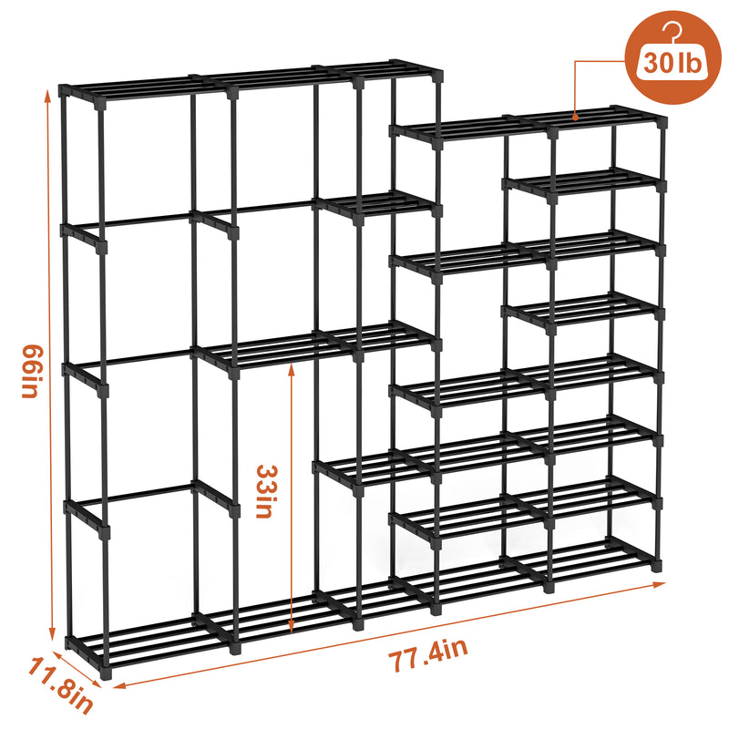 UNITSTAGE Portable Closet Wardrobe with Shoe Rack Freestanding Portable Closets Rack for Hanging Clothes 77.4x11.8x66 Inches for Bedroom Living Room with Plastic Connectors Rubber Hammer Black